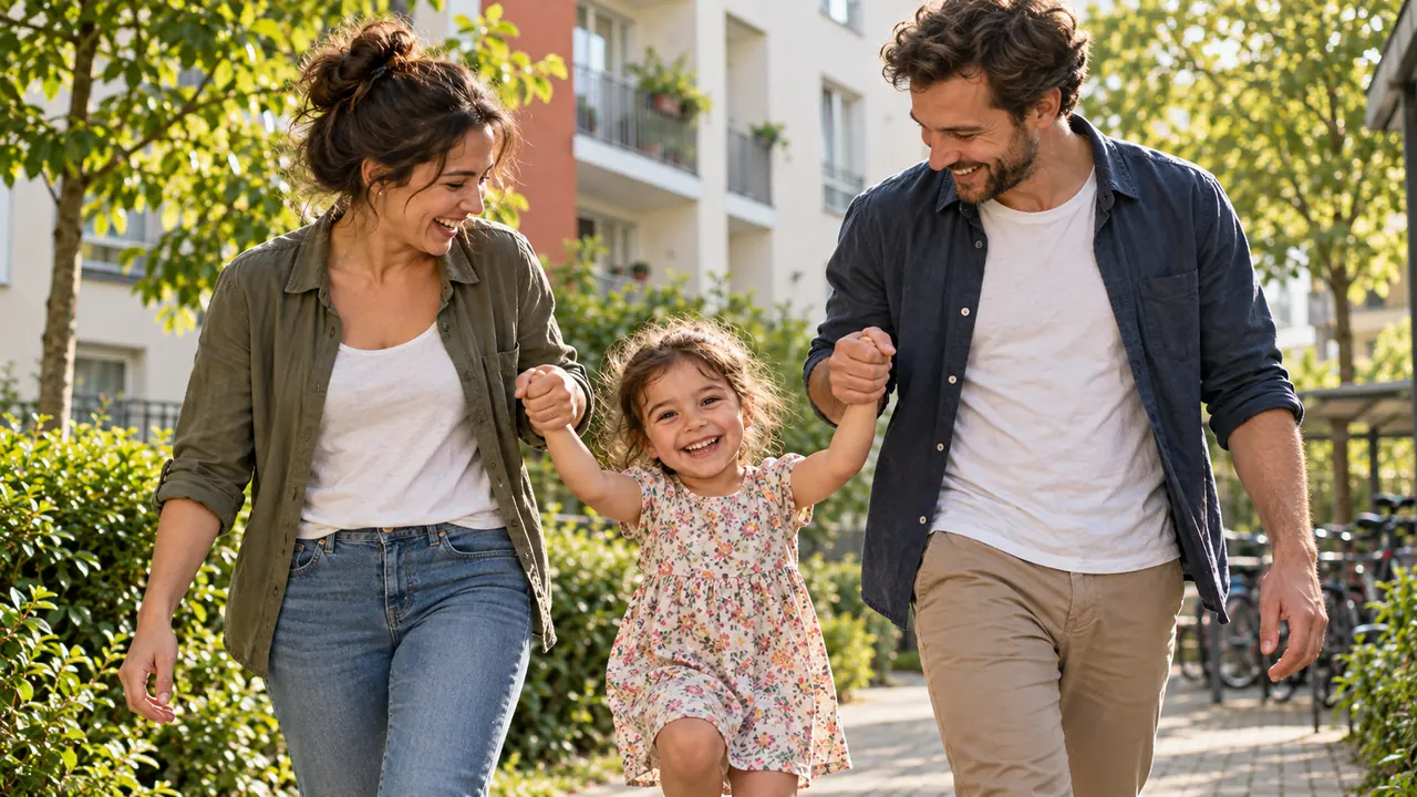 Eine lachende Familie spaziert durch eine Wohnanlage, die Eltern halten ihre kleine Tochter an den Händen