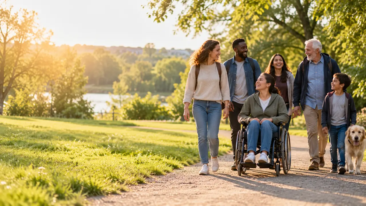 Eine Gruppe von Menschen unterschiedlichen Alters, darunter eine junge Frau im Rollstuhl, ein älterer Mann und ein Junge mit Hund, spaziert im Abendlicht durch einen Park