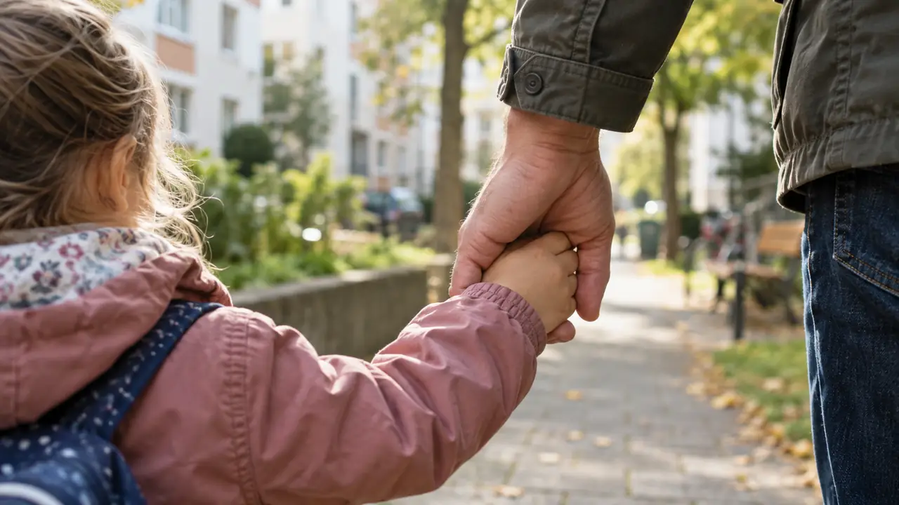 Ein kleines Kind in rosa Jacke hält auf einem herbstlichen Gehweg die Hand eines Erwachsenen