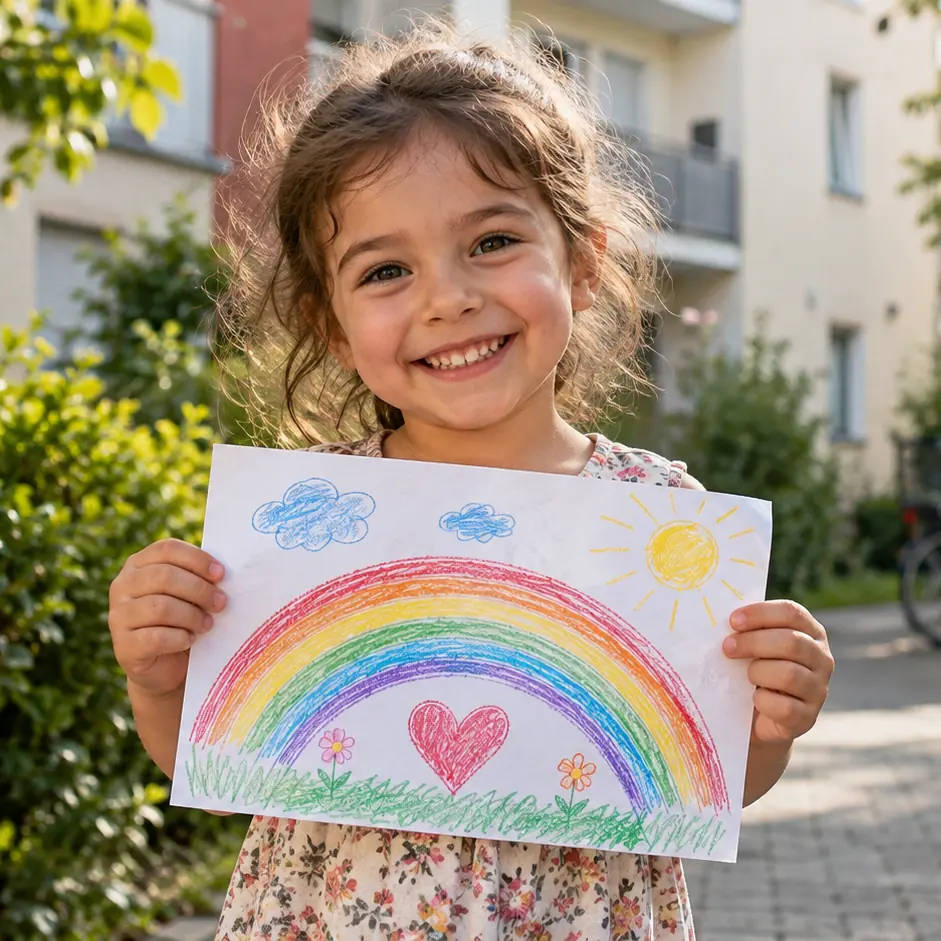 Ein lachendes Mädchen hält ein selbstgemaltes Bild mit Regenbogen, Sonne und Herz in die Kamera